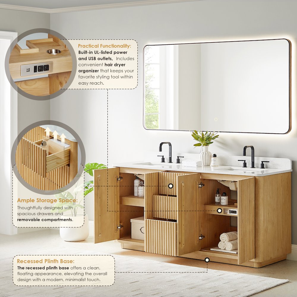 72" Double Bathroom Vanity in Washed Light Brown with Grain White. Picture 9