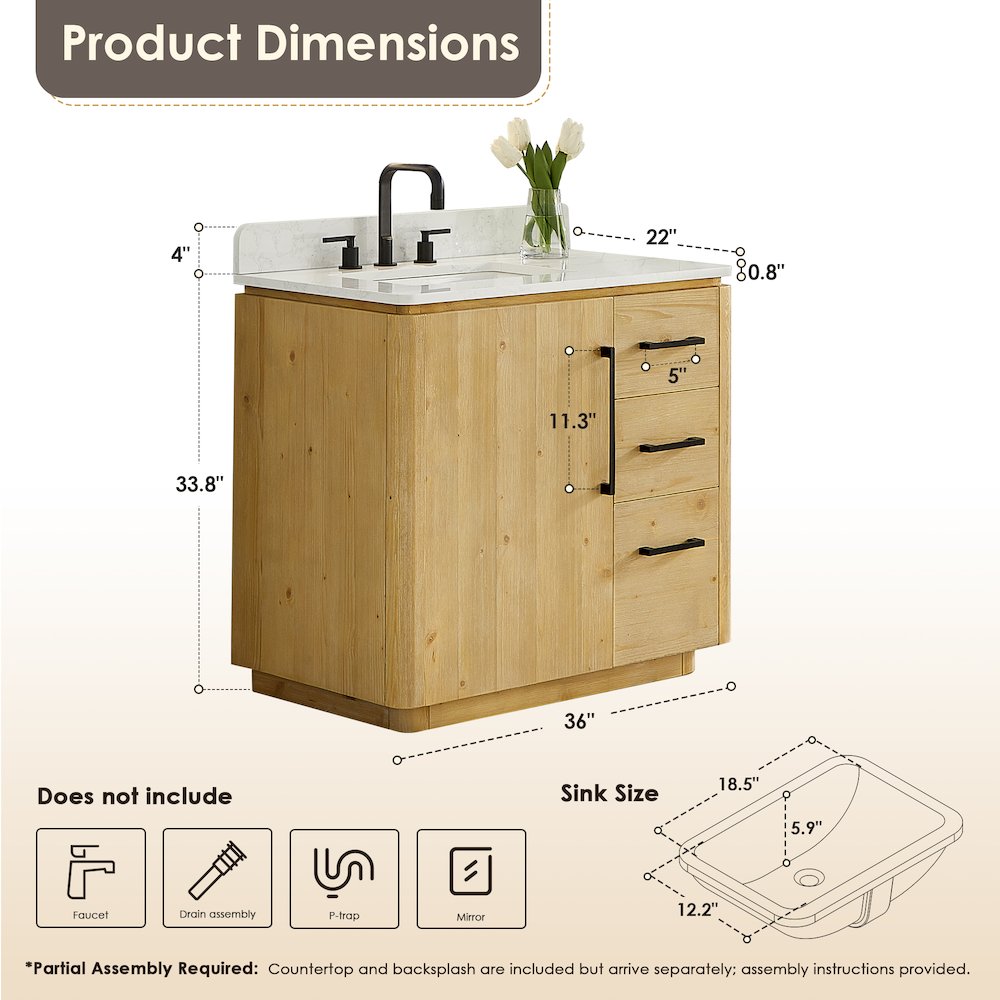 36" Single Bathroom Vanity in Nature Brown with Grain White. Picture 12