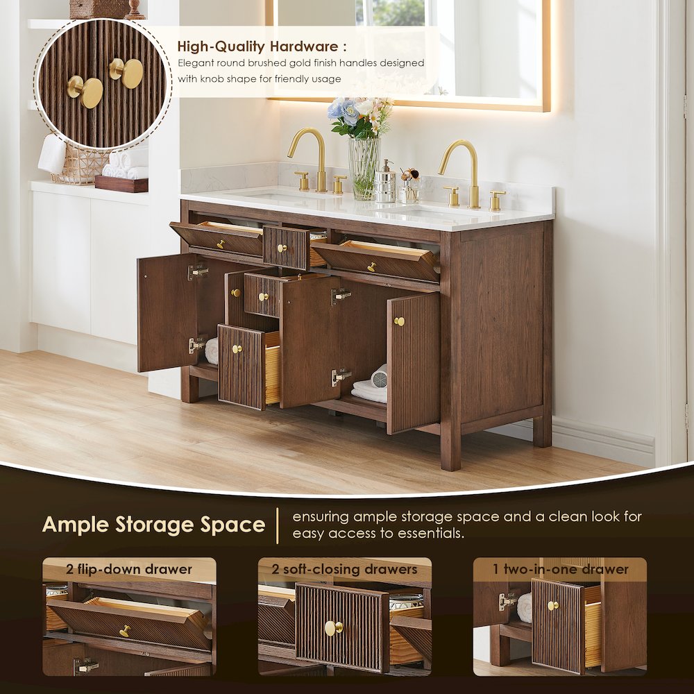 Double Bathroom Vanity in Brown Oak Grain White Engineered Stone Countertop. Picture 8