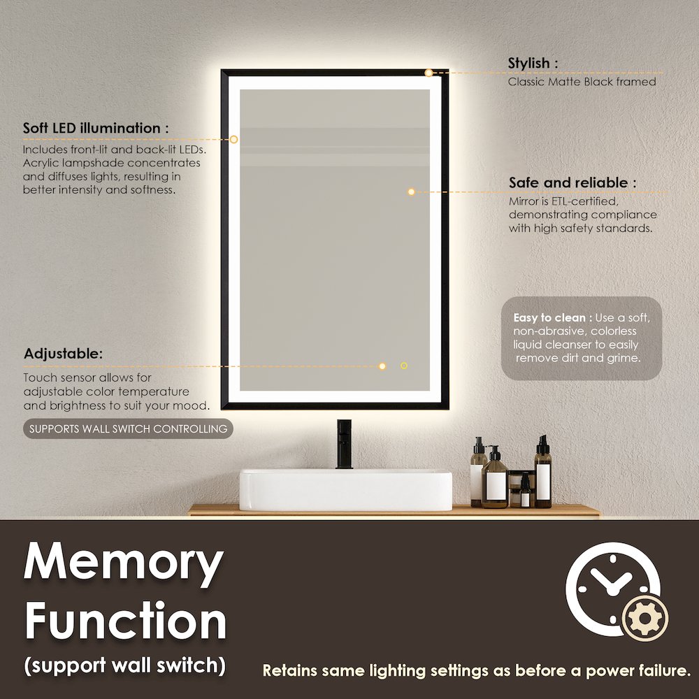 24"x36" Rectangular Wall Mirror in Matte Black Aluminum Framed. Picture 12
