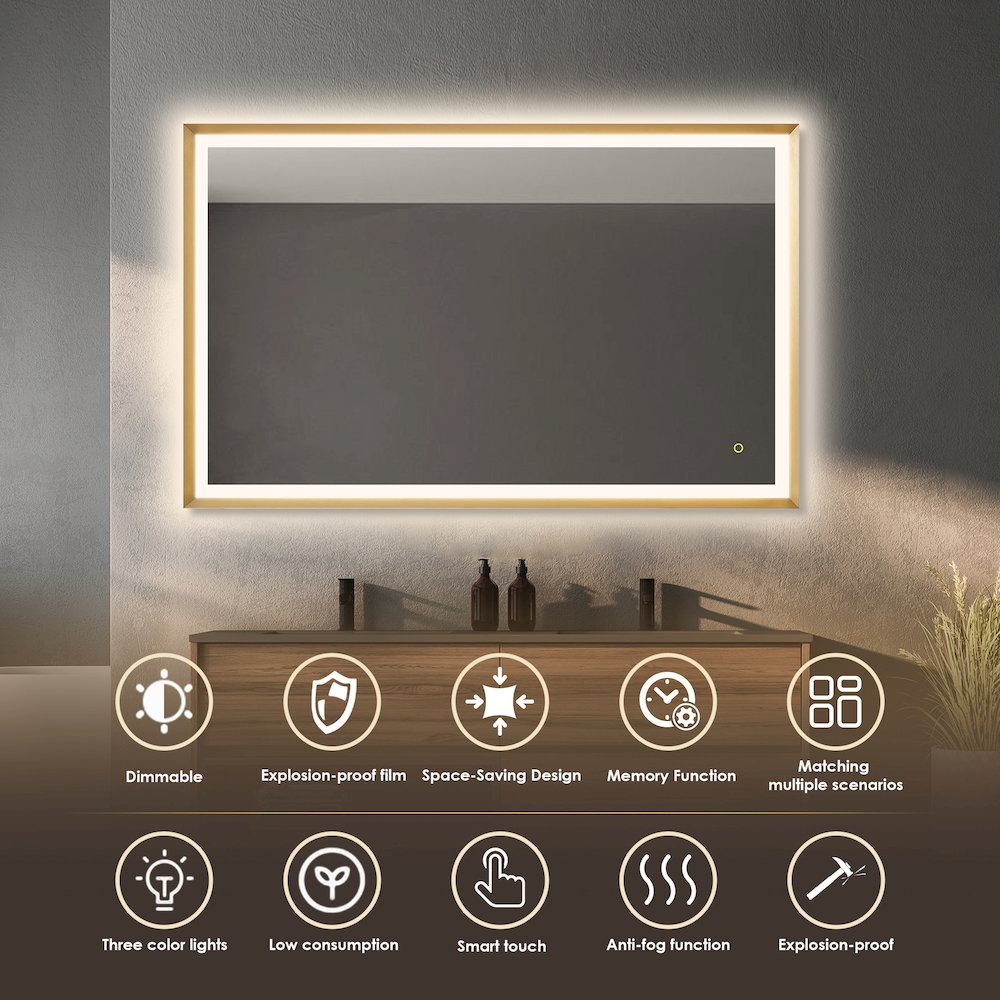 48"x30" Rectangular Wall Mirror in Brushed Gold Aluminum Framed. Picture 8