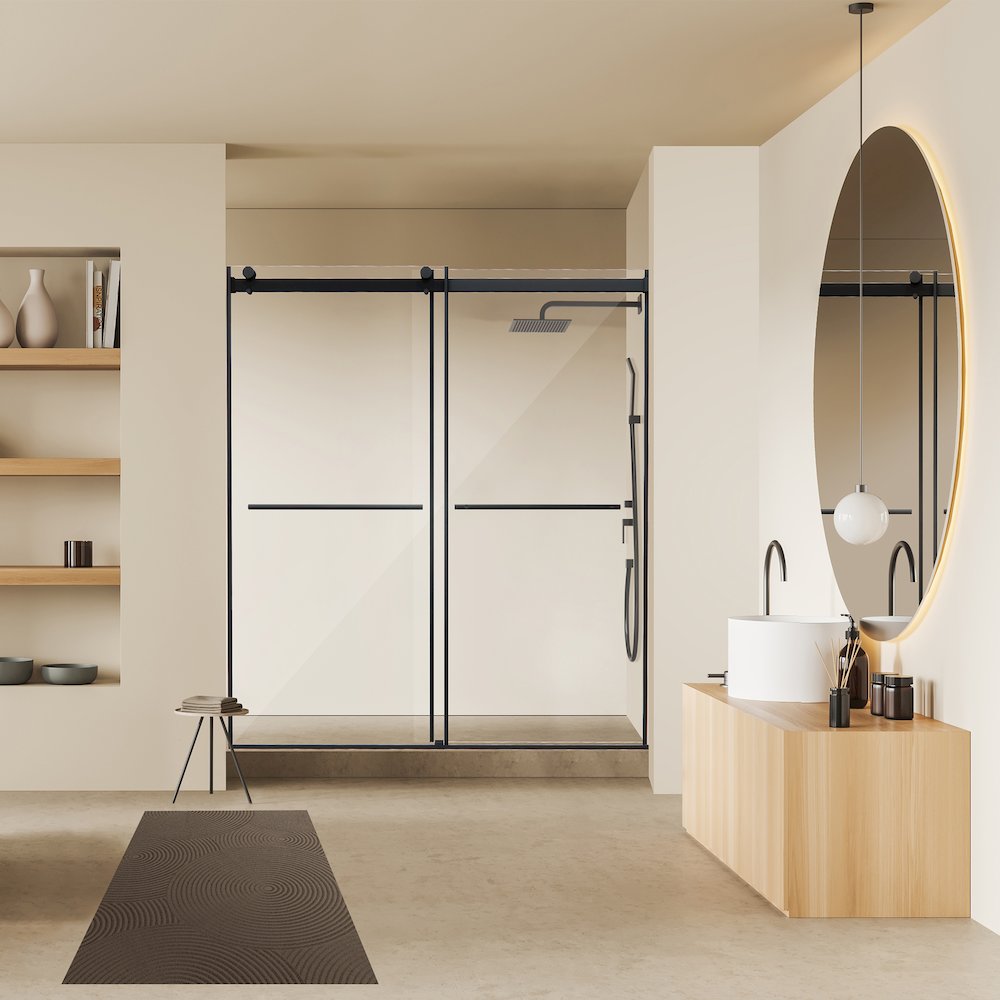 Frameless Exposed Roller Shower Door in Matte Black with Clear Glass. Picture 6