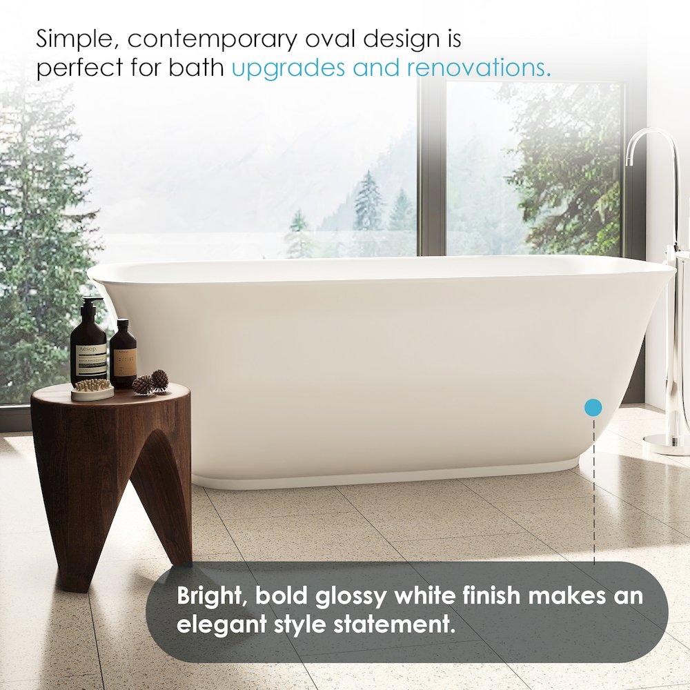 67" x 32" Flatbottom Freestanding Acrylic Soaking Bathtub in Glossy White. Picture 9
