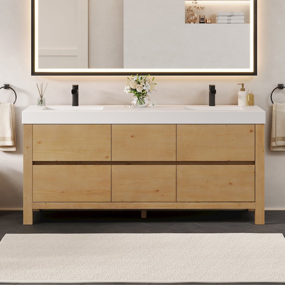 72" Double Bathroom Vanity in with White Artificial Stone Integrated Sink. Picture 2