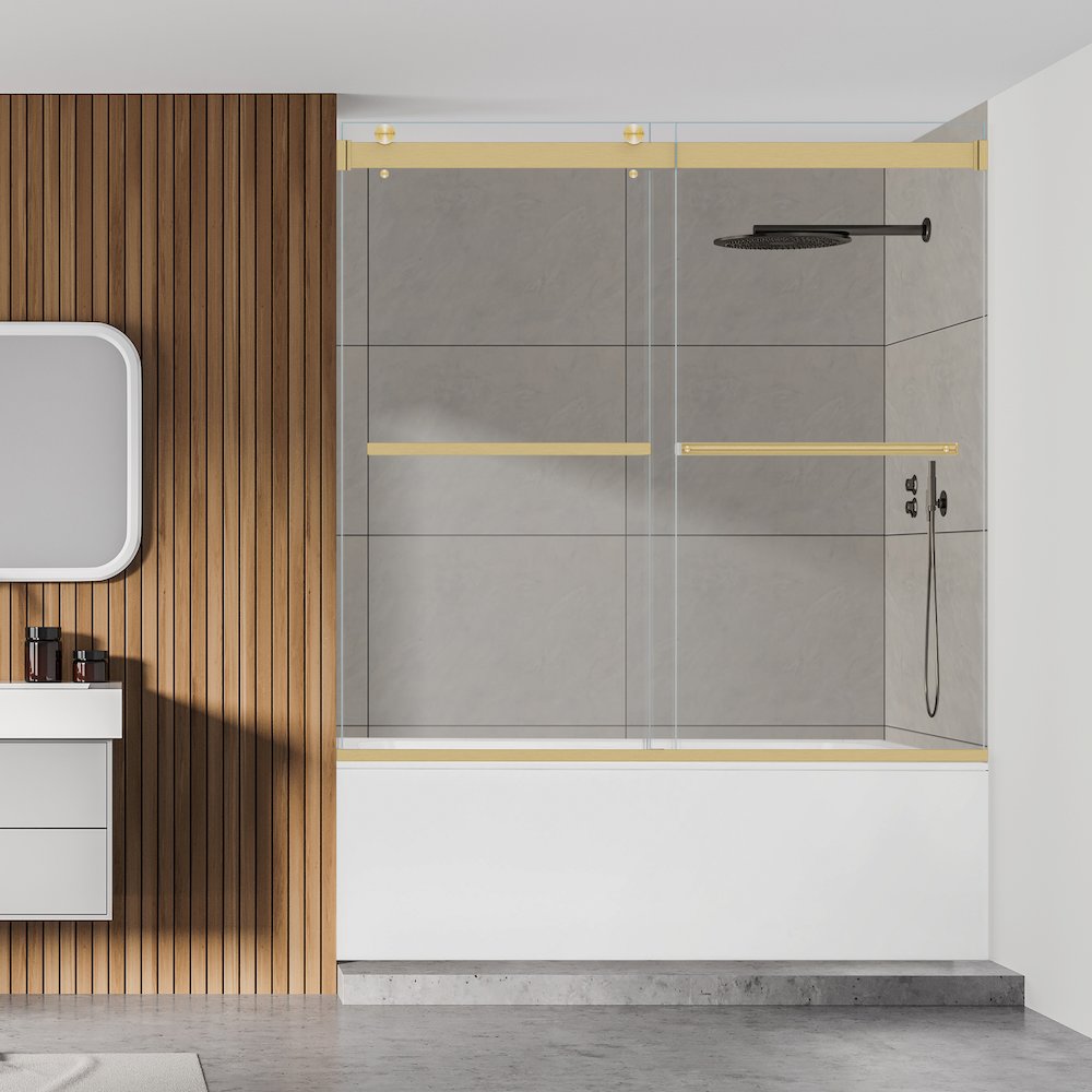 By Pass Frameless Tub Door in Brushed Gold with Clear Glass. Picture 6