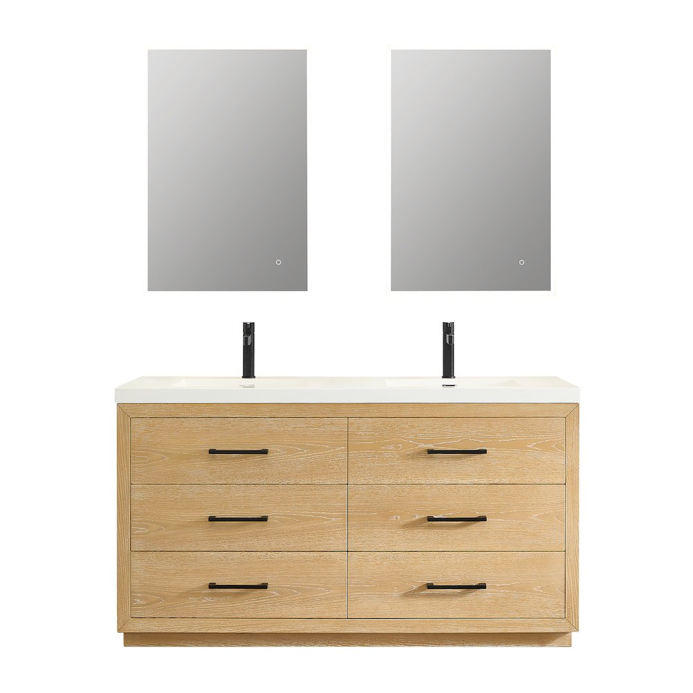 60" Double Bathroom Vanity in White Oak with White Artificial Drop-in Sink. Picture 1