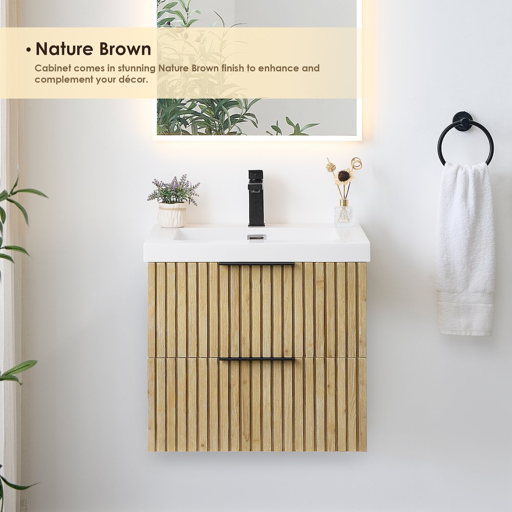 Single Bathroom Vanity in Nature Brown White Artificial Drop-in Sink. Picture 4