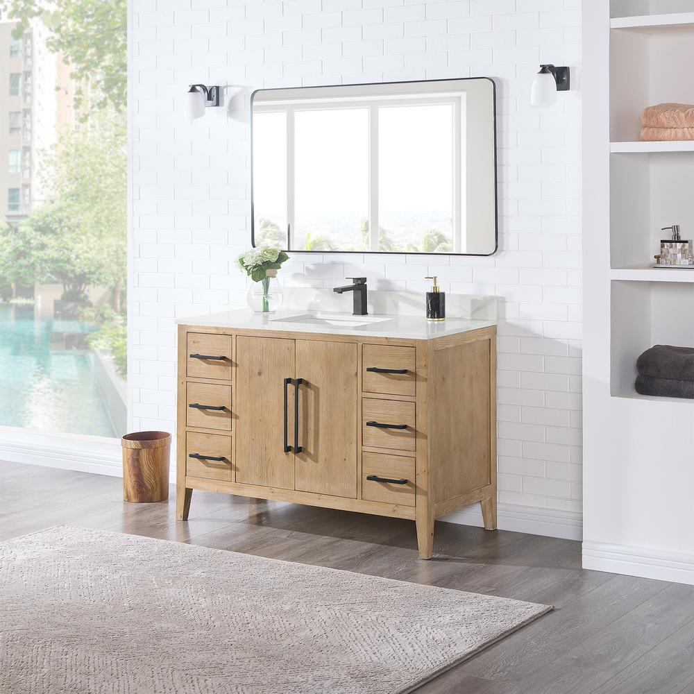 Single Bathroom Vanity in Weathered Fir with Stone Countertop with Mirror. Picture 3