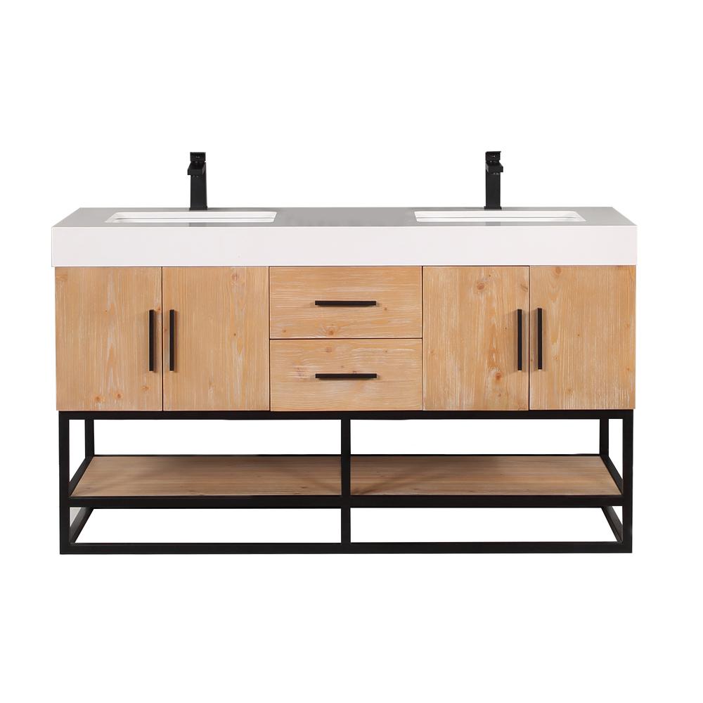 60" Double Bathroom Vanity in Light Brown awithout Mirror. Picture 1