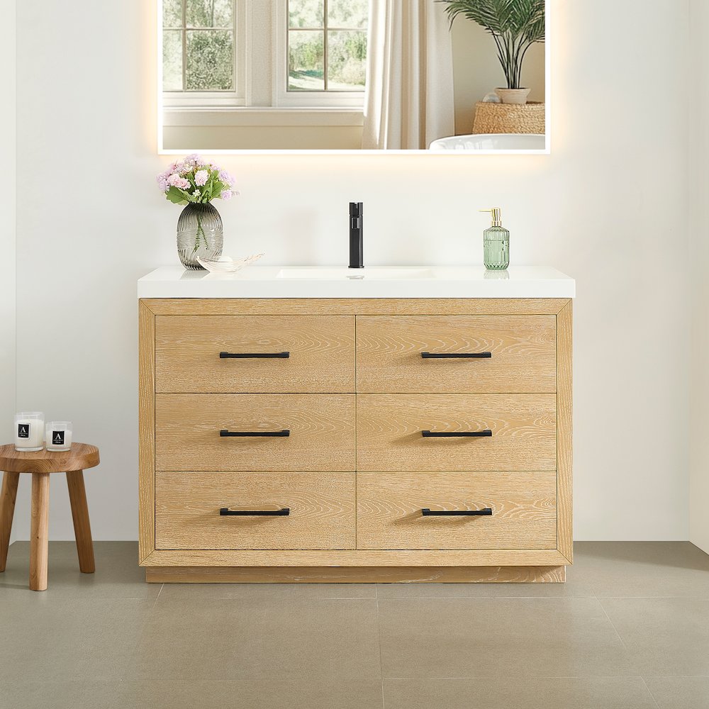 48" Single Bathroom Vanity in White Oak with White Artificial Drop-in Sink. Picture 2