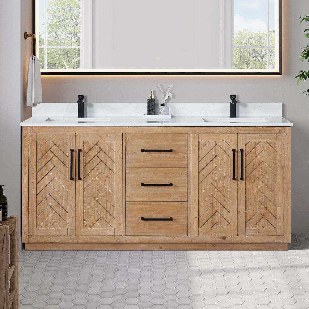 72" Double Bathroom Vanity with Grain White Countertop without Mirror. Picture 2