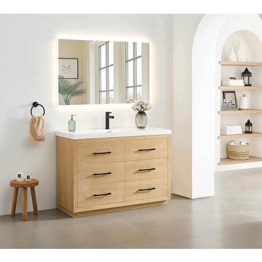 48" Single Bathroom Vanity in White Oak with White Artificial Drop-in Sink. Picture 13