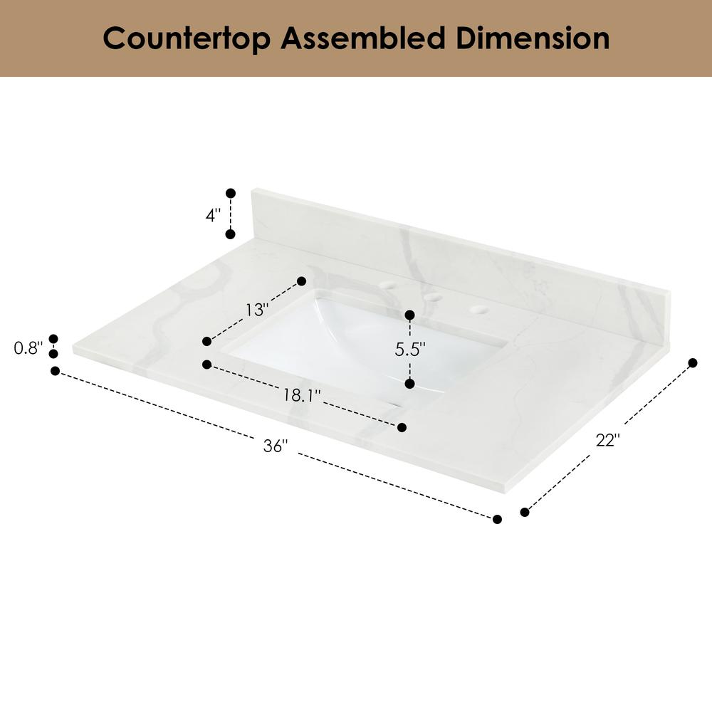 Arbios 36. in Quartz Stone Vanity Top in Calacatta White with White Sink. Picture 7