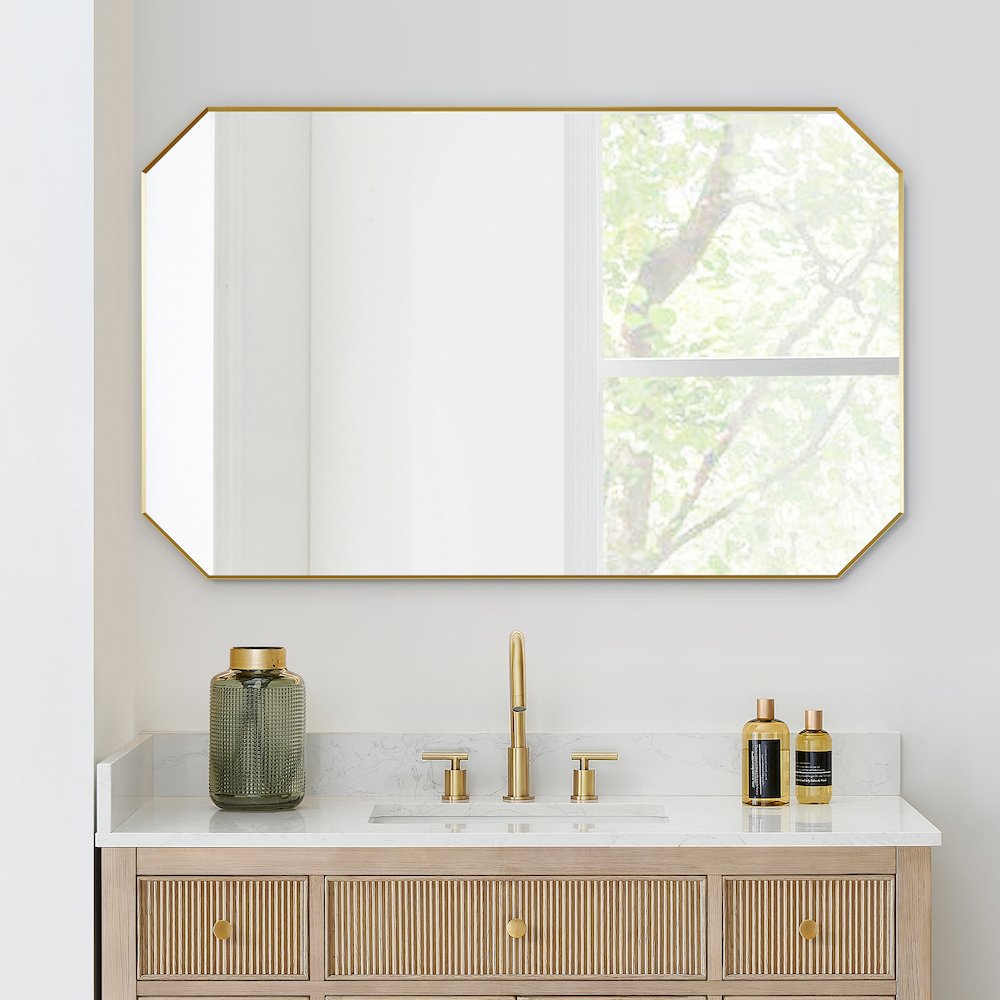 48"x30" Octagon Aluminum Framed in Brushed Gold Modern Bathroom Wall Mirror. Picture 5