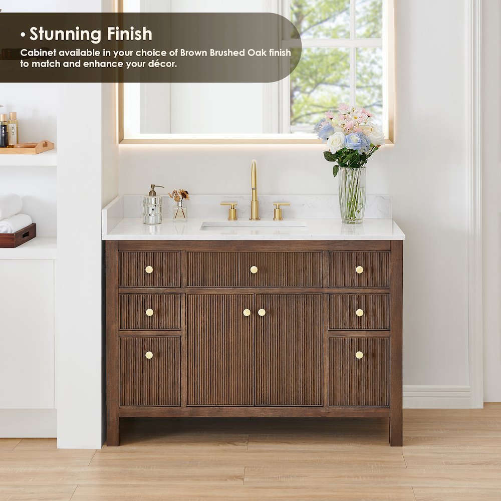 Single Bathroom Vanity in Brown Oak Grain White Engineered Stone Countertop. Picture 9