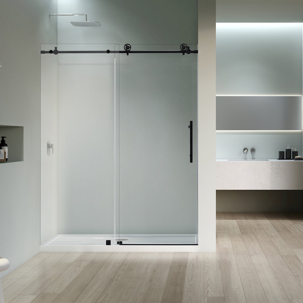 Single Sliding Frameless Shower Door in Matte Black with Clear Glass. Picture 3