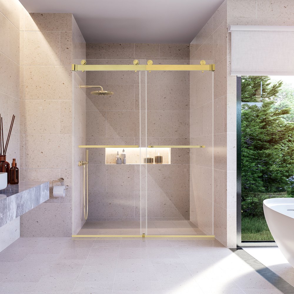 Frameless Exposed Roller Shower Door in Brushed Gold with Clear Glass. Picture 5