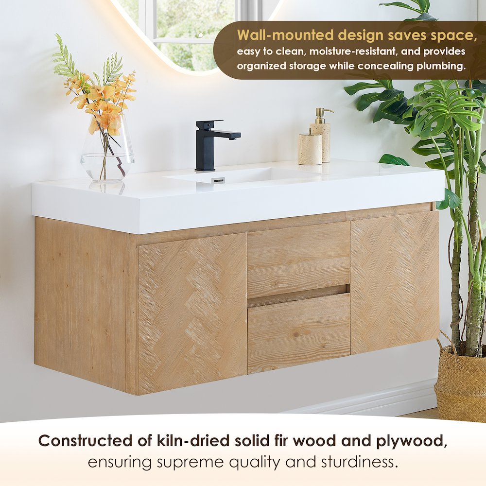 Single Bathroom Vanity in Light Brown White Artificial Drop-in Sink. Picture 6