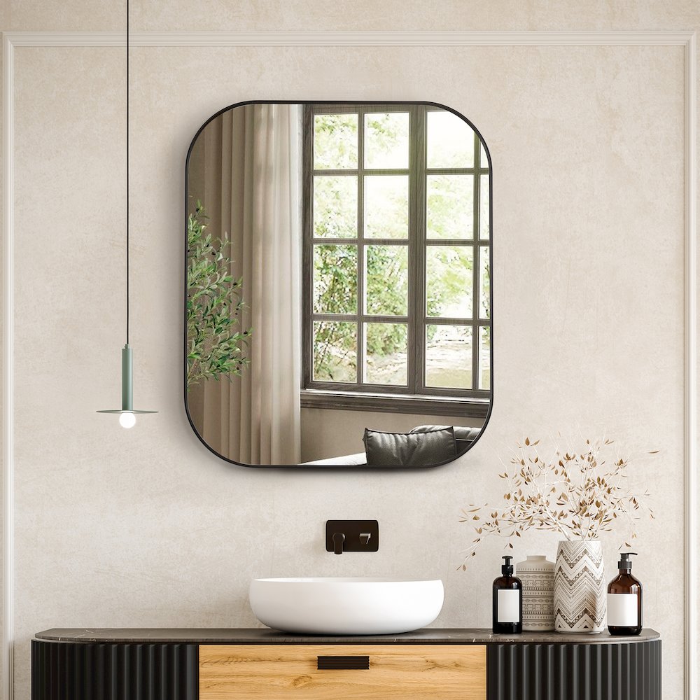 36x30" Rectangular Aluminum Framed in Matte Black Modern Bathroom Wall Mirror. Picture 5