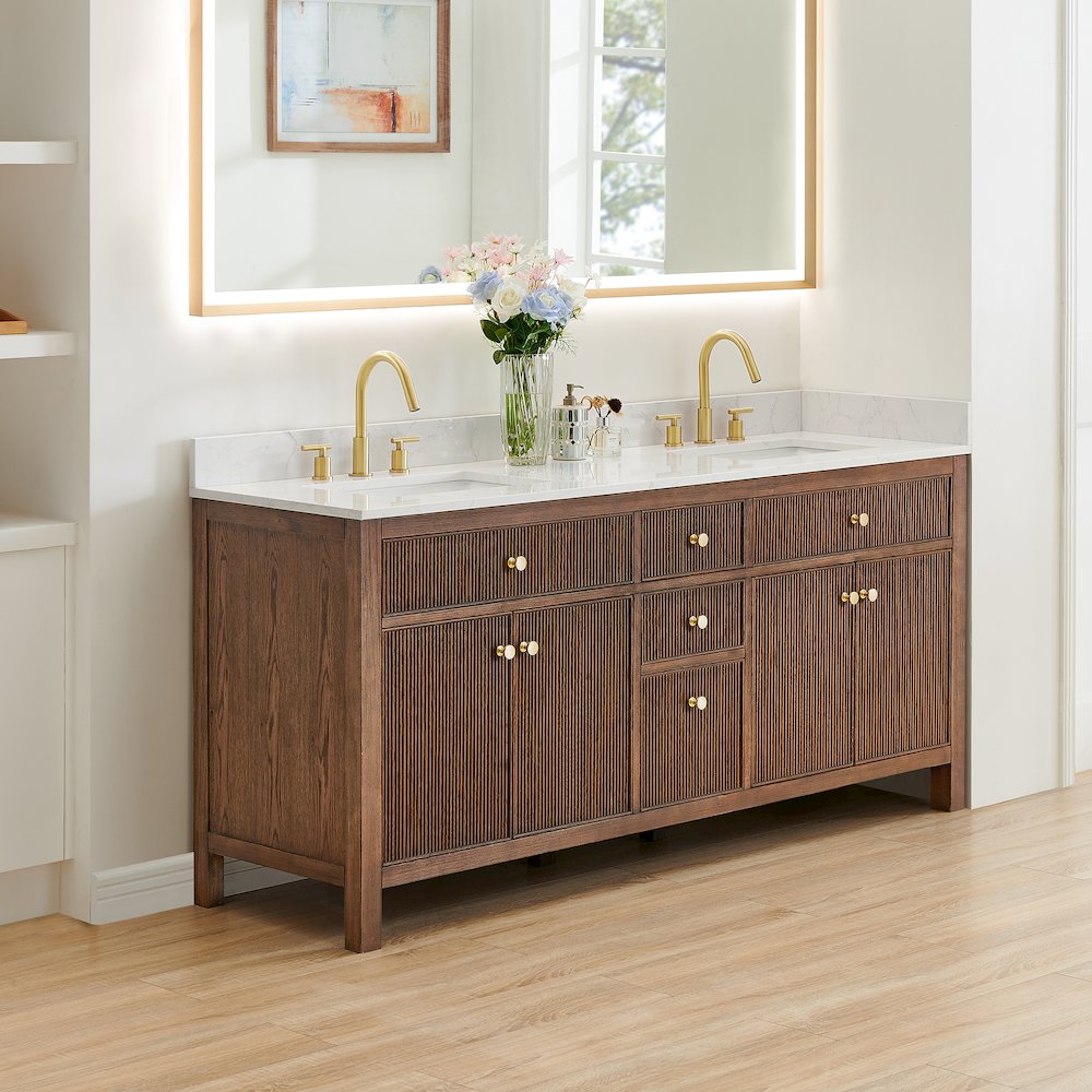 Double Bathroom Vanity in Brown Oak Grain White Engineered Stone Countertop. Picture 6