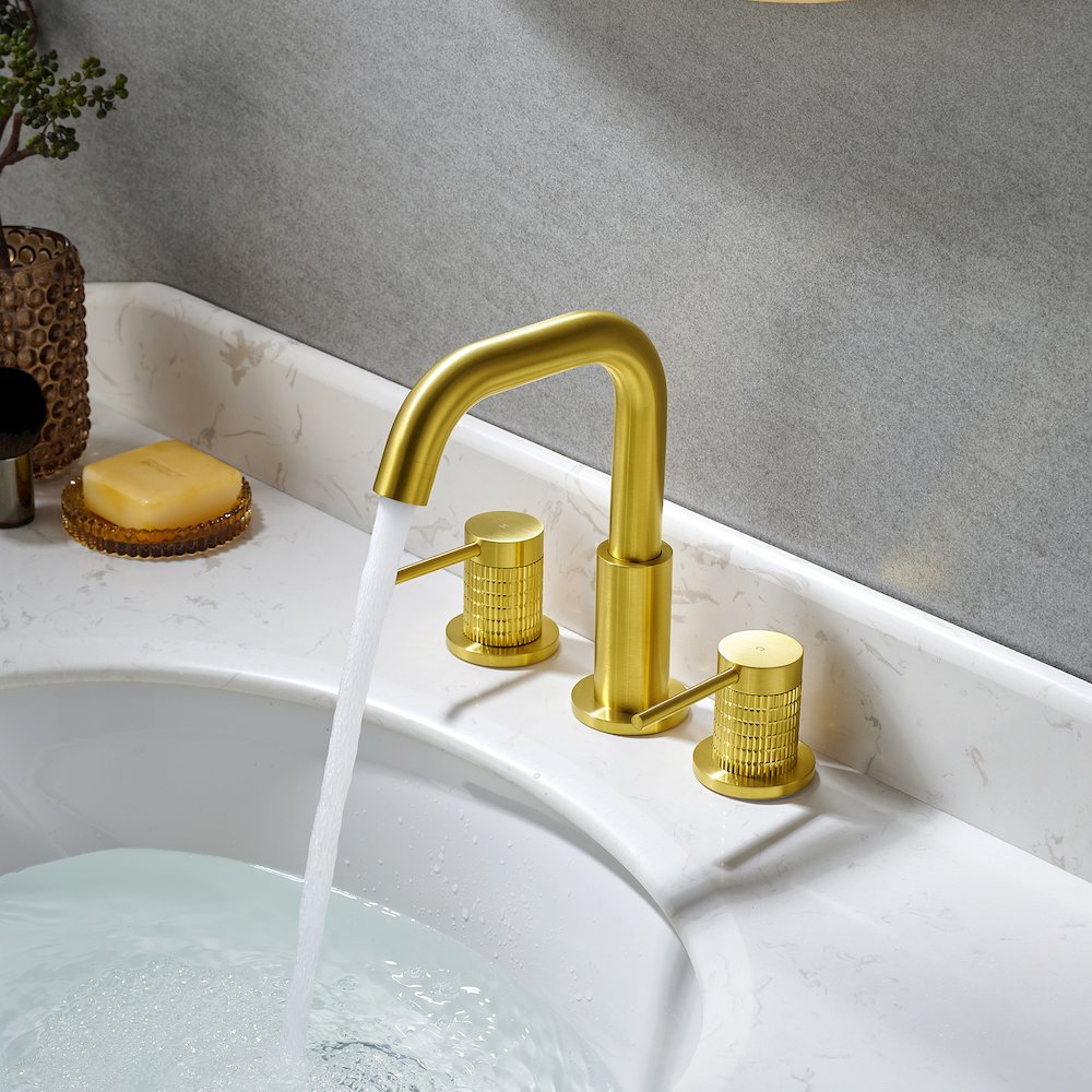 8. in Widespread 2-Handle Bathroom Faucet in Brushed Gold. Picture 5