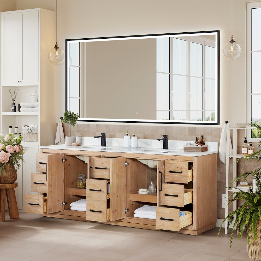84" Double Bathroom Vanity with Calacatta White Quartz Countertop with Mirror. Picture 4