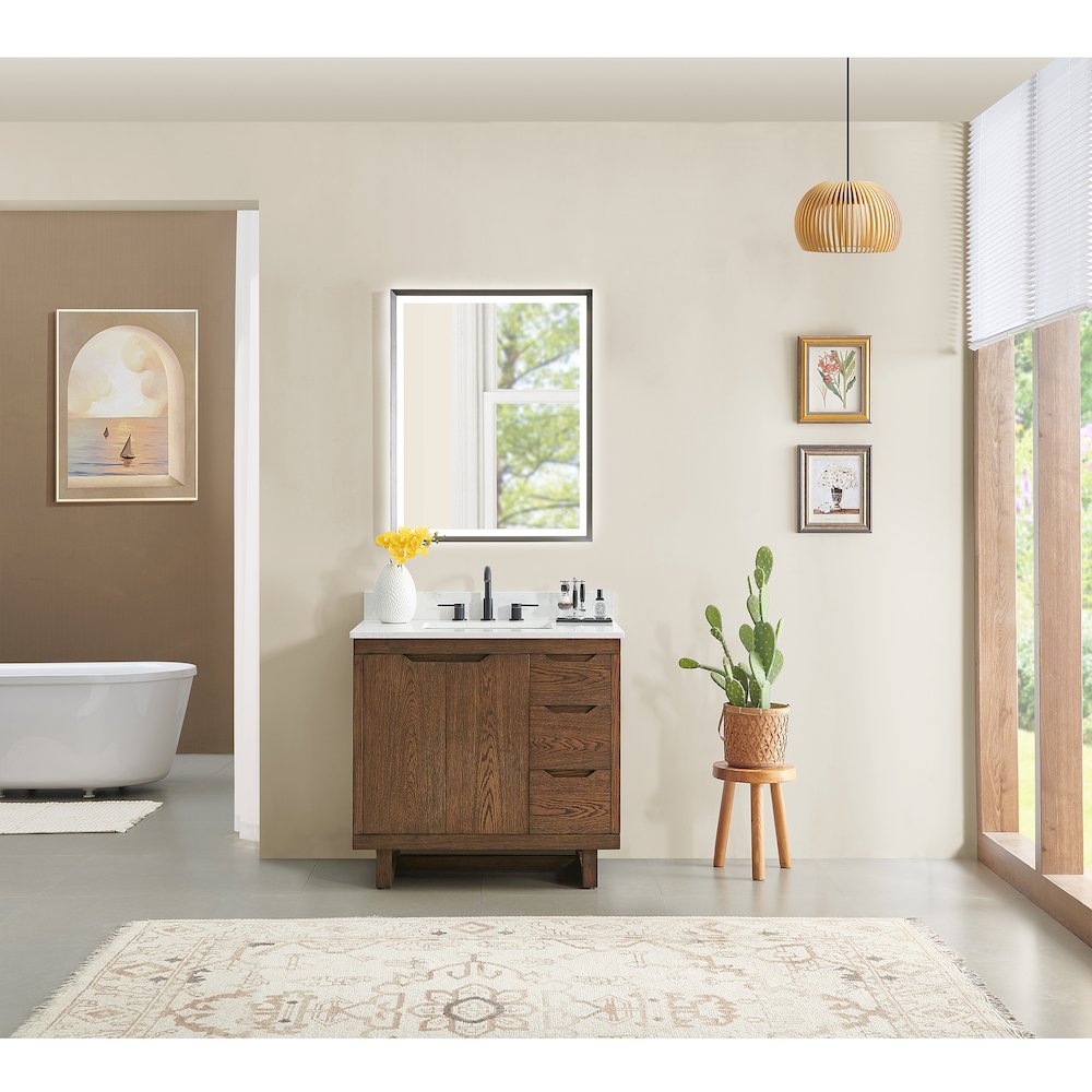 36" Single Bathroom Vanity in Brown Brushed Oak with Grain White. Picture 13