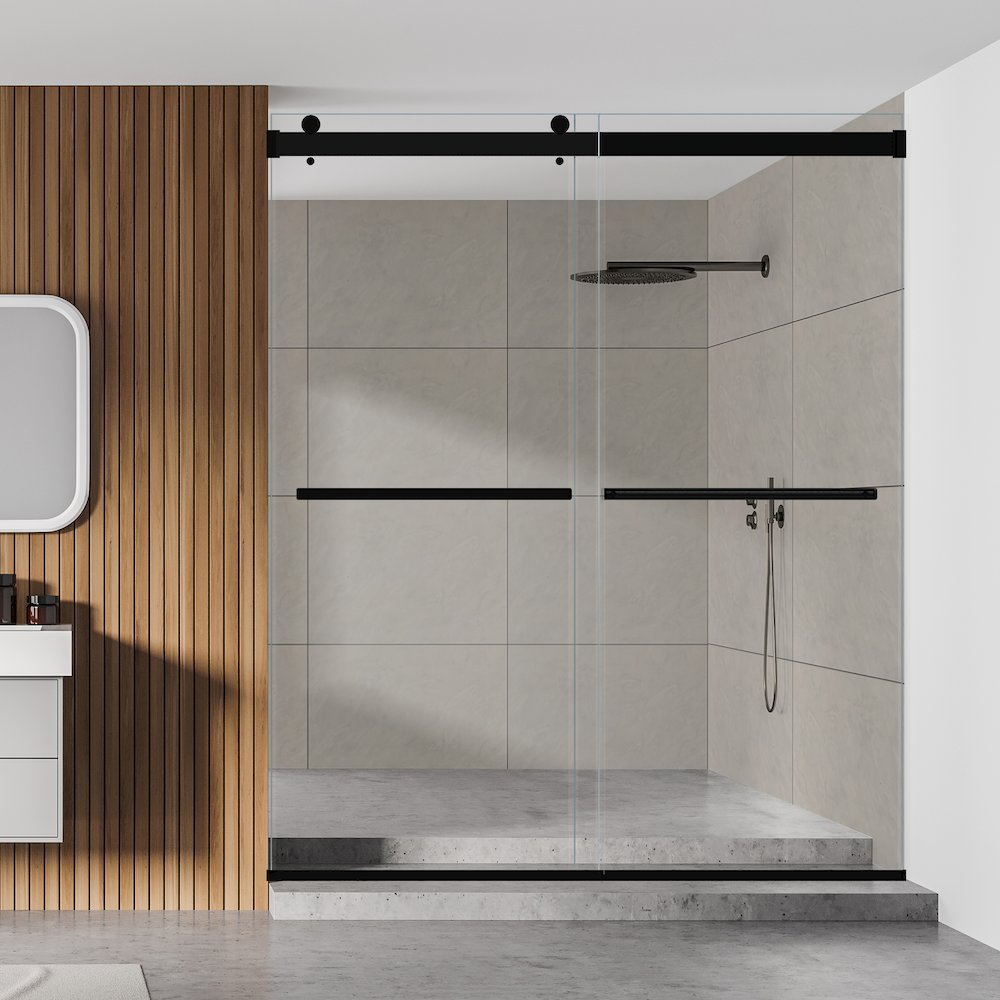 By Pass Frameless Shower Door in Matte Black with Clear Glass. Picture 7