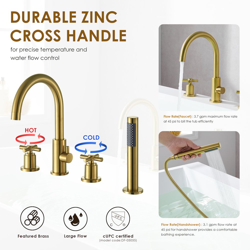 Cross Handles Deck-Mount Roman Tub Faucet in Brushed Gold with Handshower. Picture 12