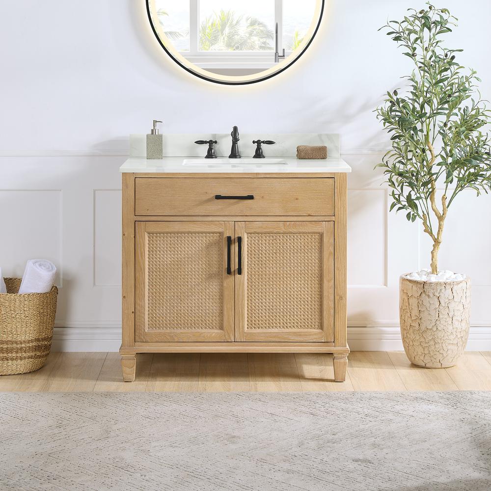Single Bathroom Vanity in Weathered Fir with Stone Countertop without Mirror. Picture 2