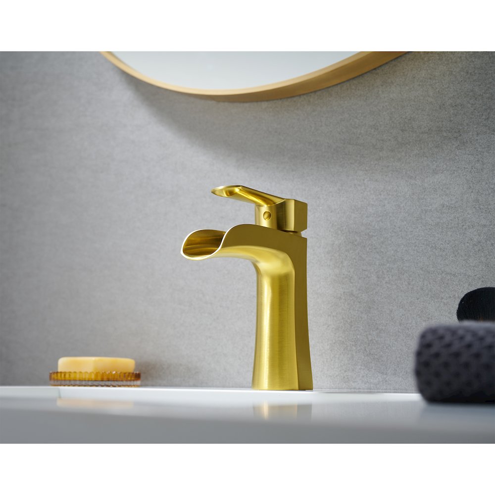 Single Hole Single-Handle Waterfall Bathroom Faucet in Brushed Gold. Picture 13