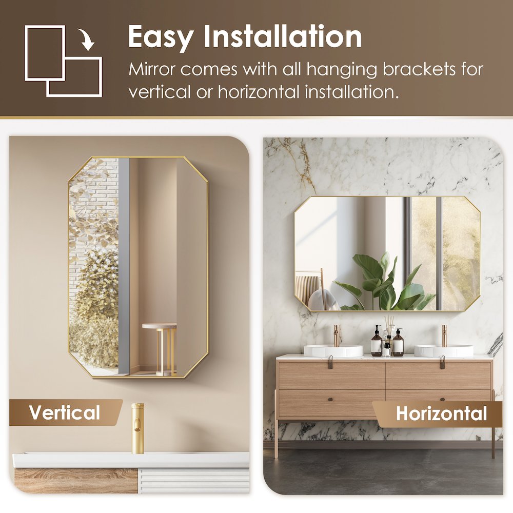 48"x30" Octagon Aluminum Framed in Brushed Gold Modern Bathroom Wall Mirror. Picture 14