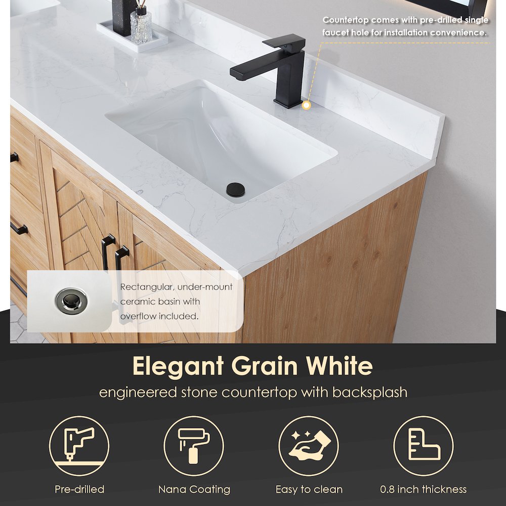 72" Double Bathroom Vanity with Grain White Countertop without Mirror. Picture 6