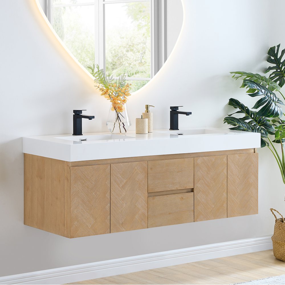 Double Bathroom Vanity in Light Brown White Artificial Drop-in Sink. Picture 4