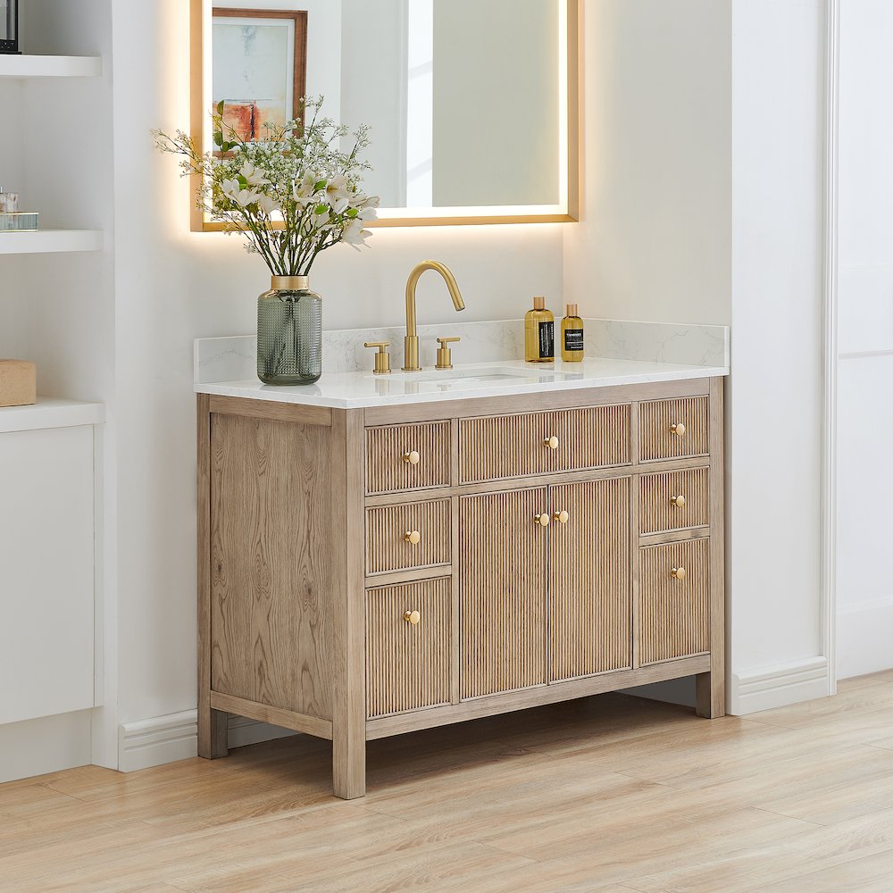 Single Bathroom Vanity in Nature Oak Grain White Engineered Stone Countertop. Picture 3