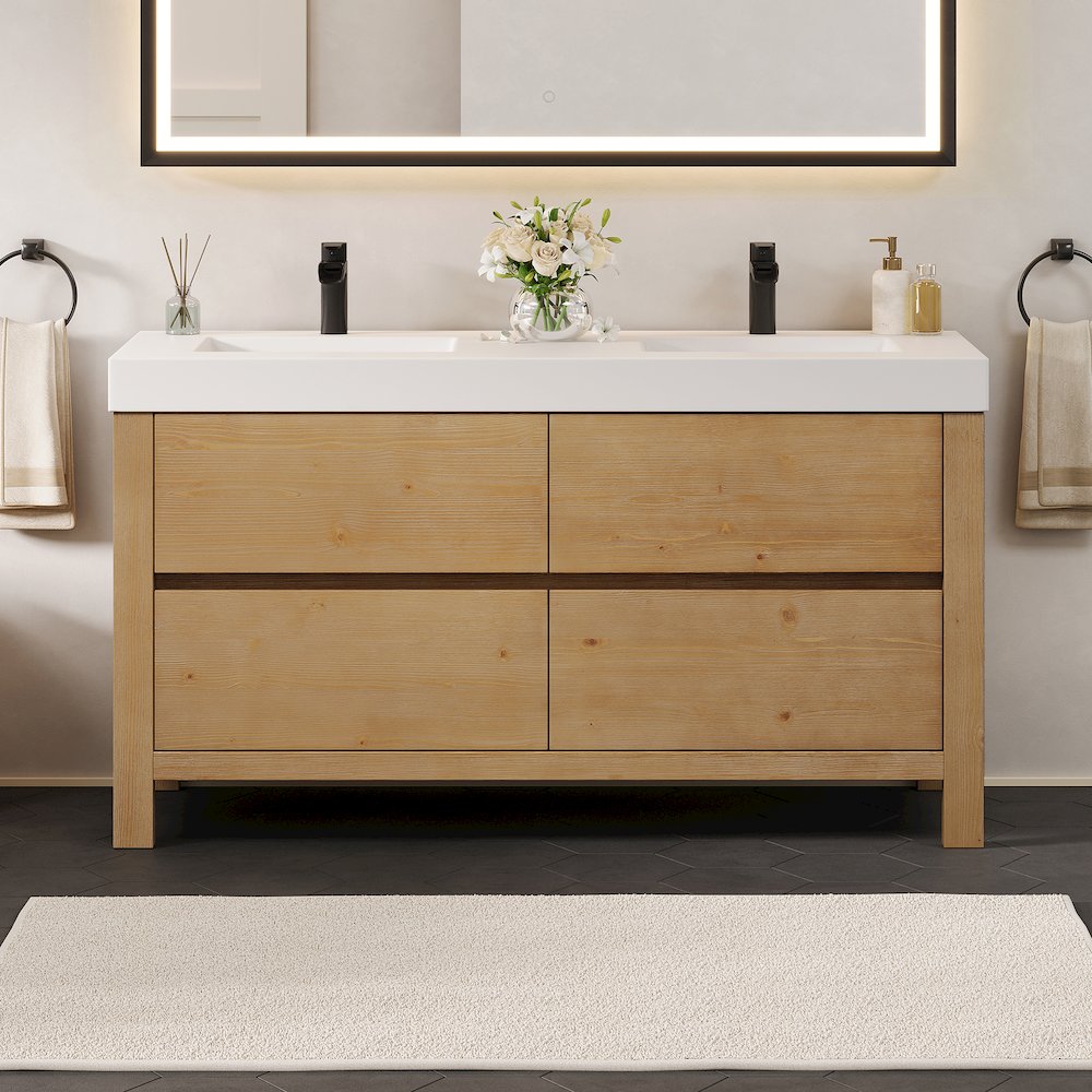 60" Double Bathroom Vanity in with White Artificial Stone Integrated Sink. Picture 2