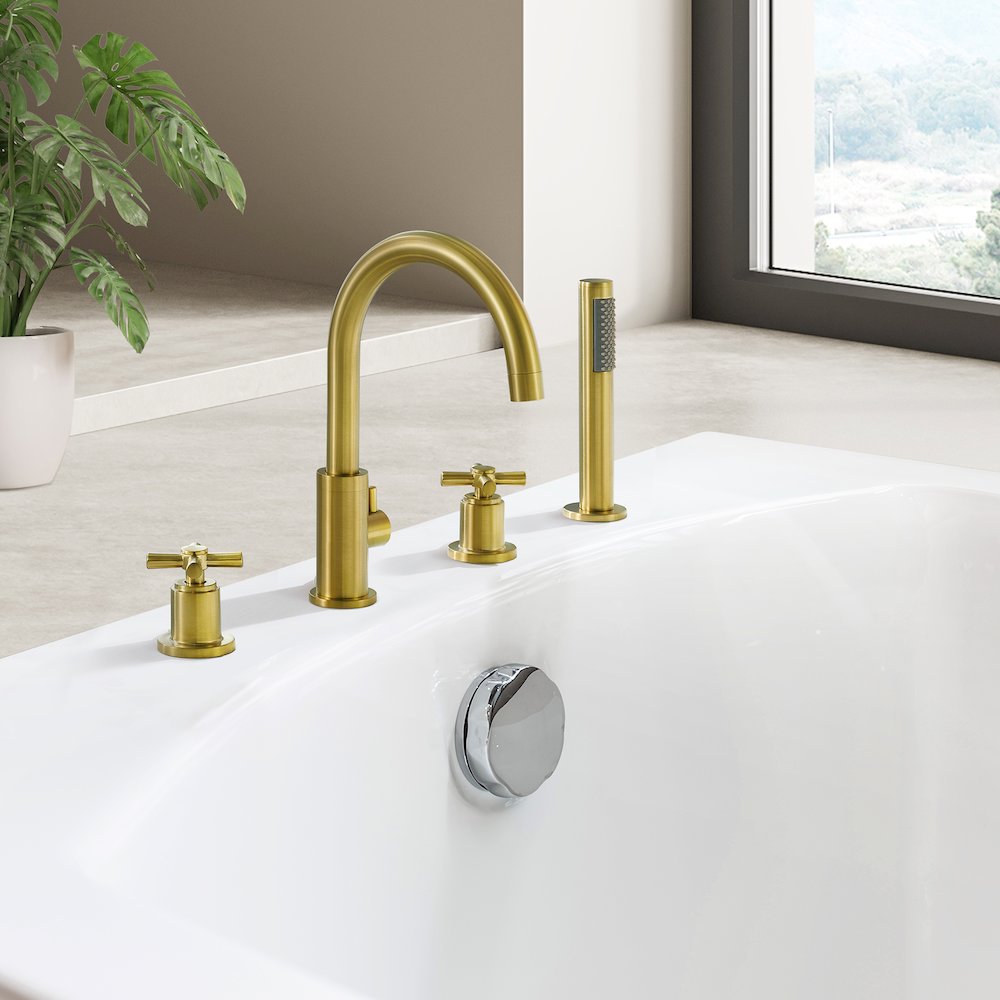 Cross Handles Deck-Mount Roman Tub Faucet in Brushed Gold with Handshower. Picture 4