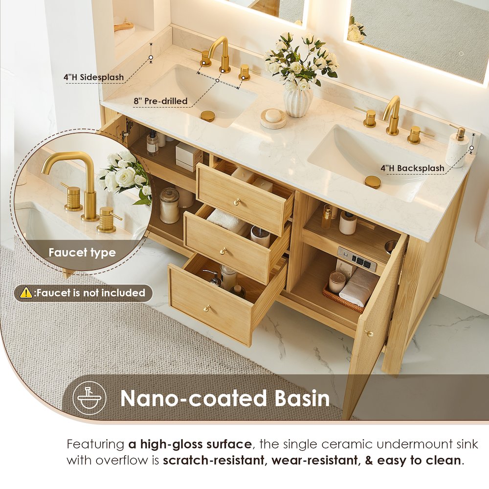 Cedar 60" Double Bathroom Vanity in Natural Wood. Picture 7
