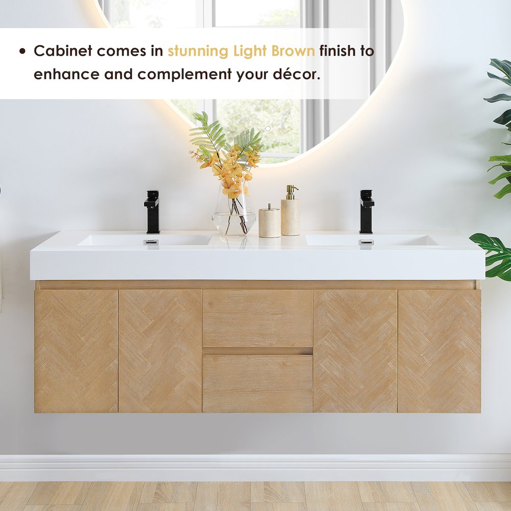 Double Bathroom Vanity in Light Brown White Artificial Drop-in Sink. Picture 5