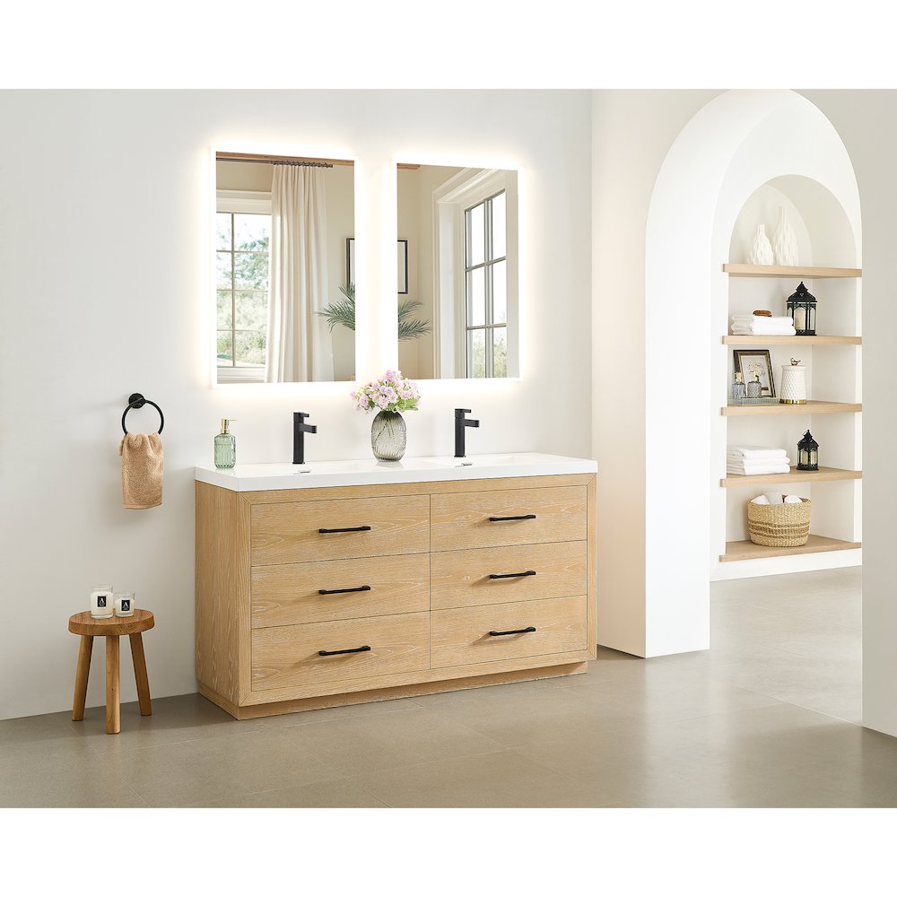 60" Double Bathroom Vanity in White Oak with White Artificial Drop-in Sink. Picture 15