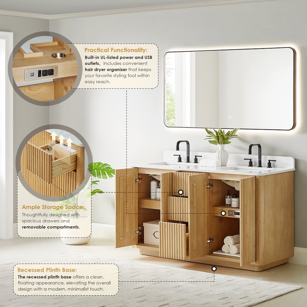 60" Double Bathroom Vanity in Washed Light Brown with Grain White. Picture 9