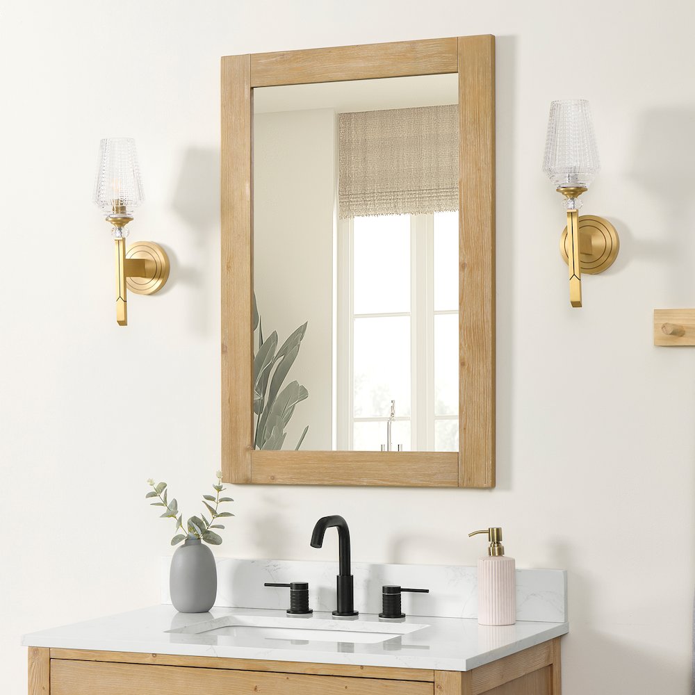 24" Rectangular Bathroom Wood Framed Wall Mirror in Light Brown. Picture 4