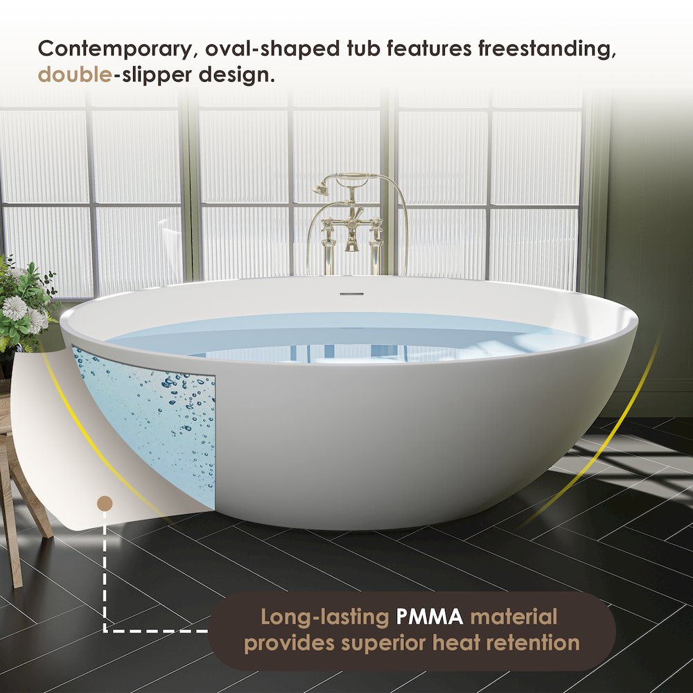 67" x 39" Solid Surface Soaking Bathtub in Matte White and Integrated Overflow. Picture 12