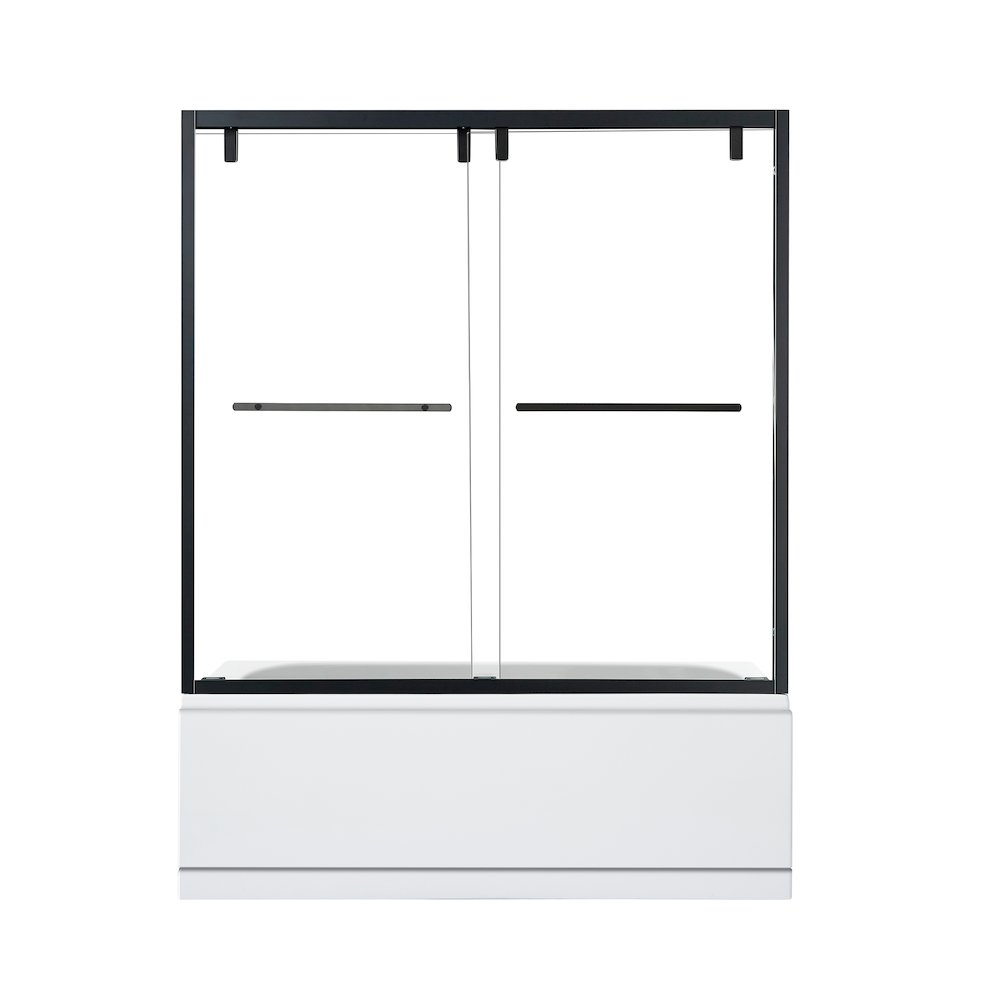 By Pass Semi Frameless Tub Door in Matte Black with Clear Glass. Picture 1