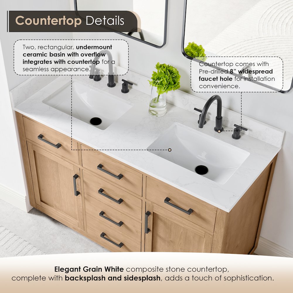 54" Double Bathroom Vanity in Light Brown with Grain White. Picture 6