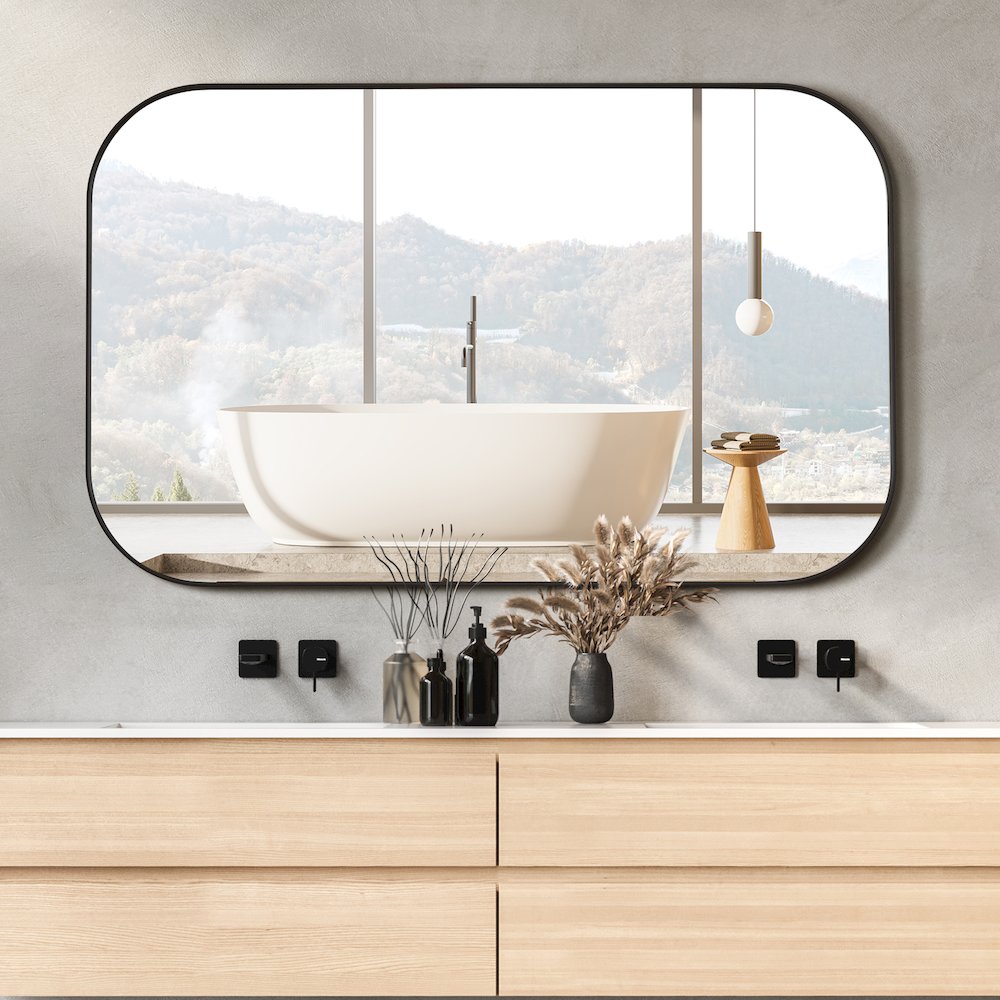 48x30" Rectangular Aluminum Framed in Matte Black Modern Bathroom Wall Mirror. Picture 5