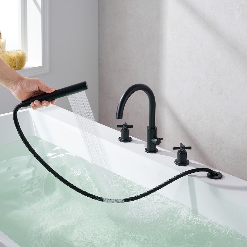 Cross Handles Deck-Mount Roman Tub Faucet in Matte Black with Handshower. Picture 7