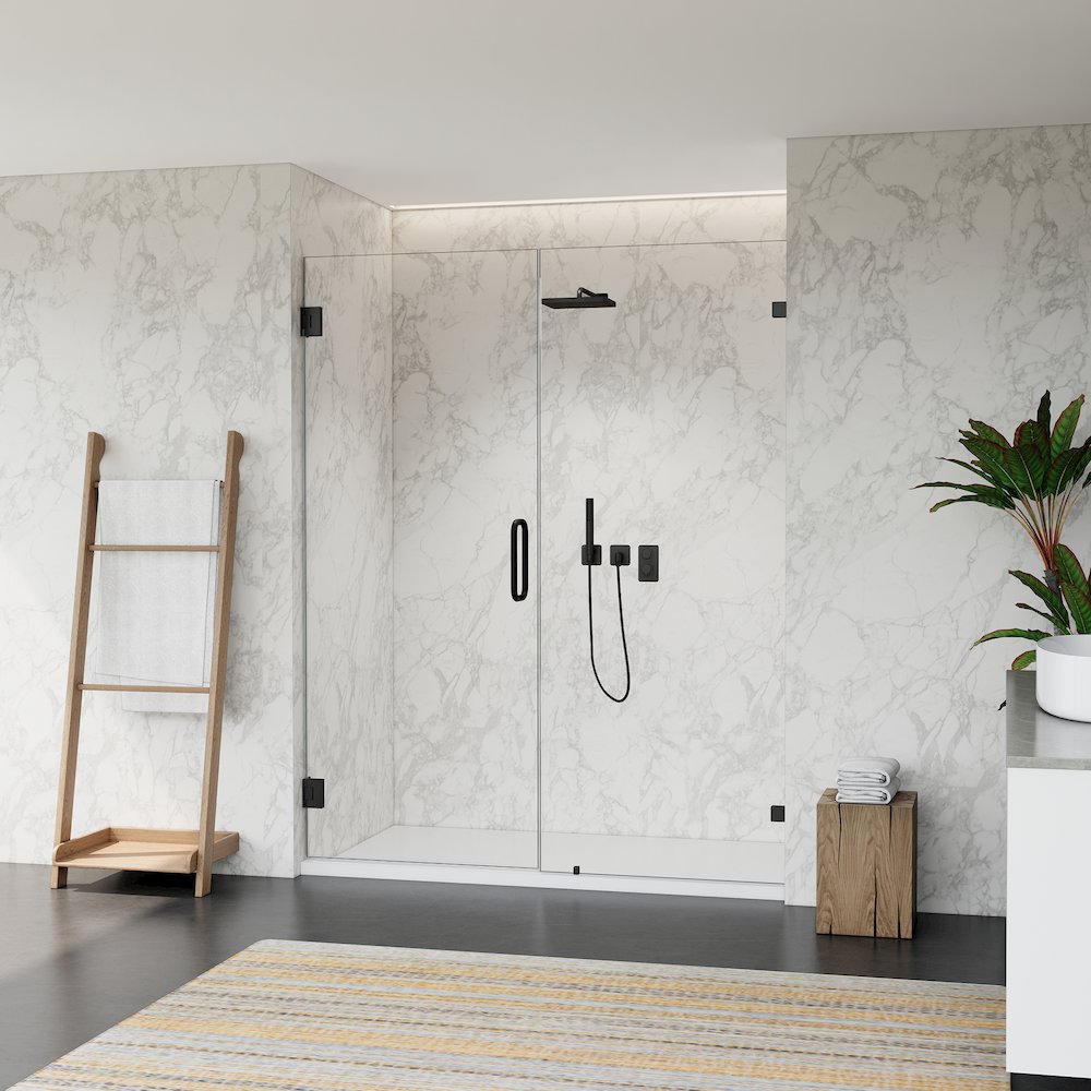 Frameless Hinged Shower Door in Matte Black with Clear Glass. Picture 4
