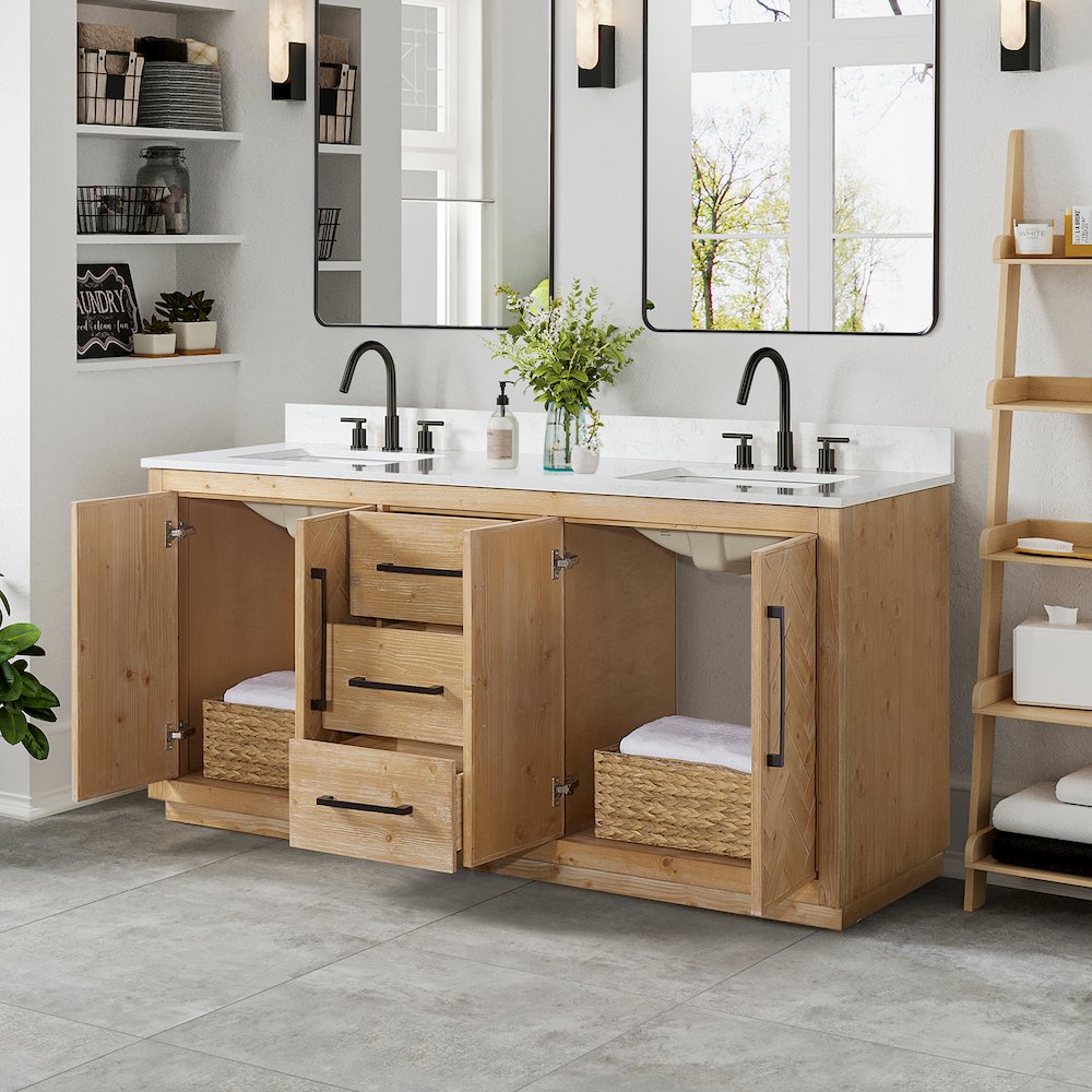 72" Double Bathroom Vanity Grain White Engineered Stone Countertop. Picture 4