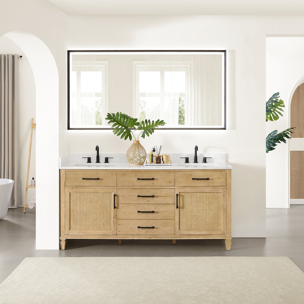 72" Double Bathroom Vanity in with Grain White Engineered Stone Countertop. Picture 2